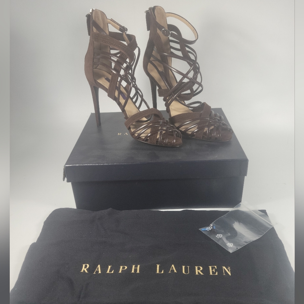 Ralph Lauren Purple Label Brown Suede Bliara Strappy Sandals 38.5 B New $850
